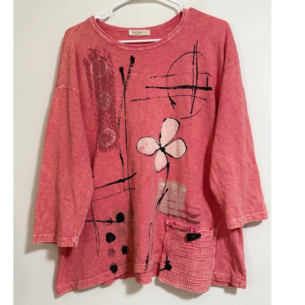 Jess & Jane Large Artsy Tunic Top 100% Cotton Made in USA Pink Shirt 3/4 Sleeve